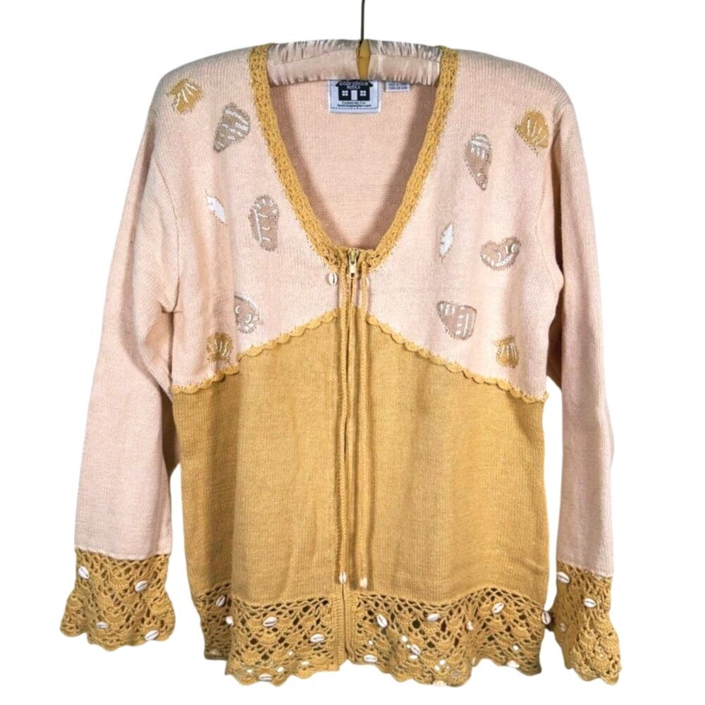 Vintage Storybook Knits Seashell Crochet Cardigan Sweater Medium Coastal Grandma